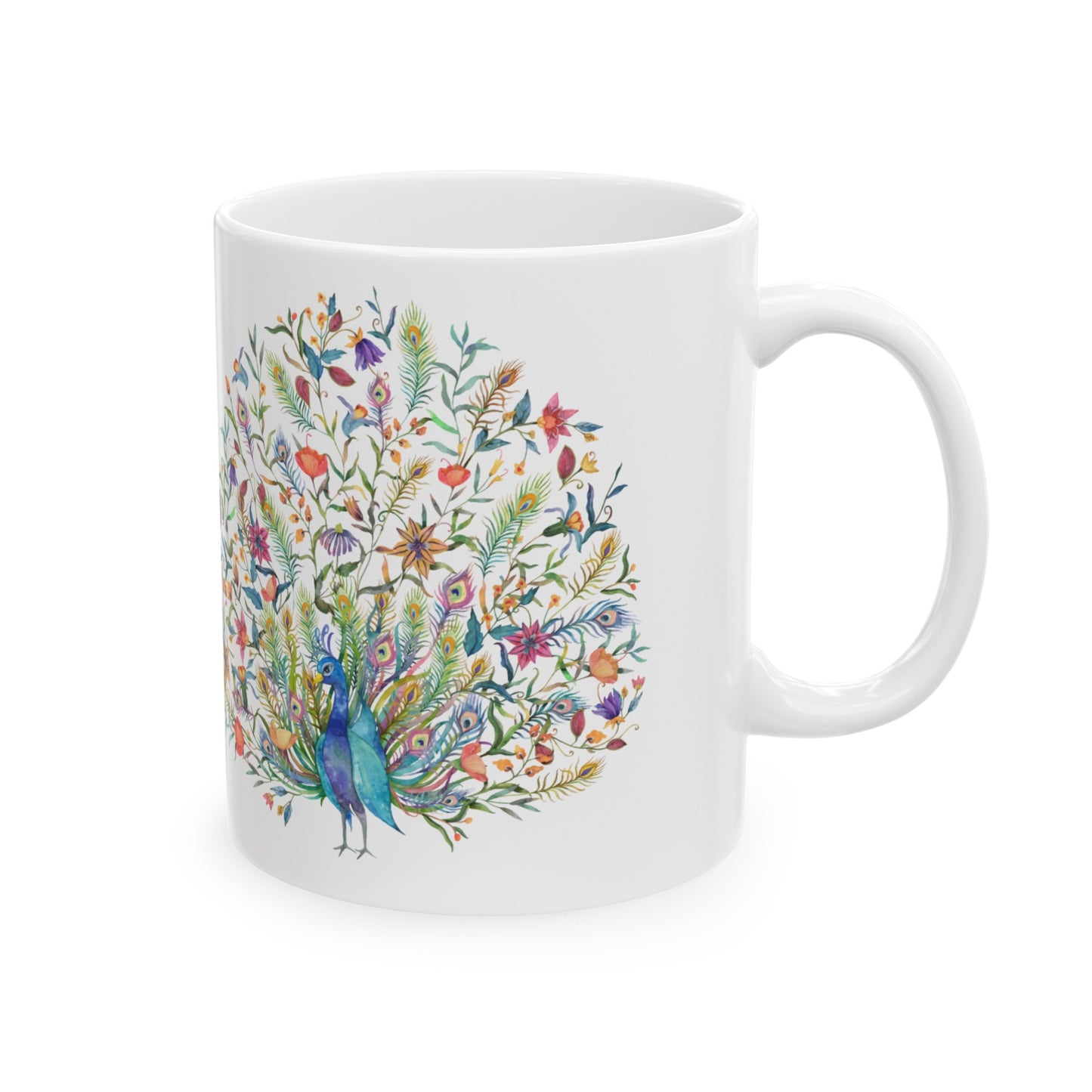 🦚 "Floral Peacock Dreams" Ceramic Mug 11 oz - Colorful Peacock Coffee Mug