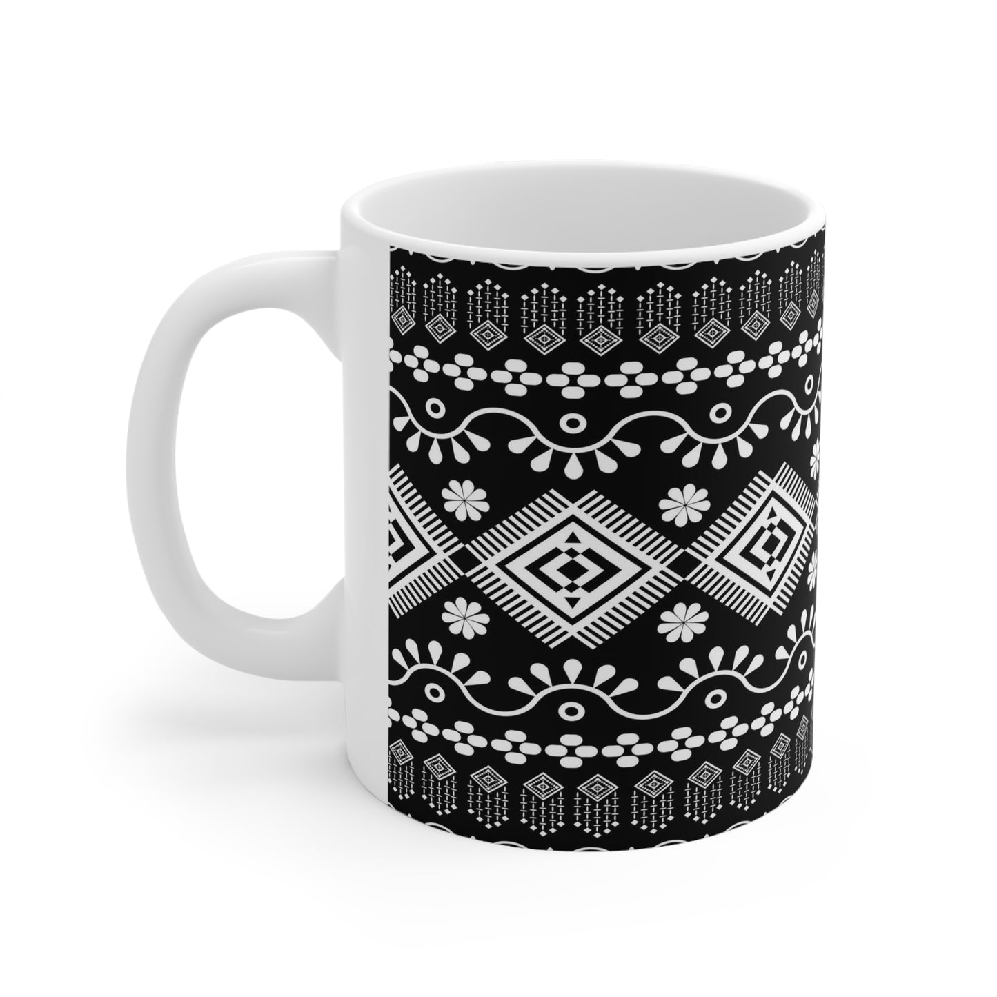 Elegance in Monochrome: Black Ceramic Mug with White Repeating Patterns