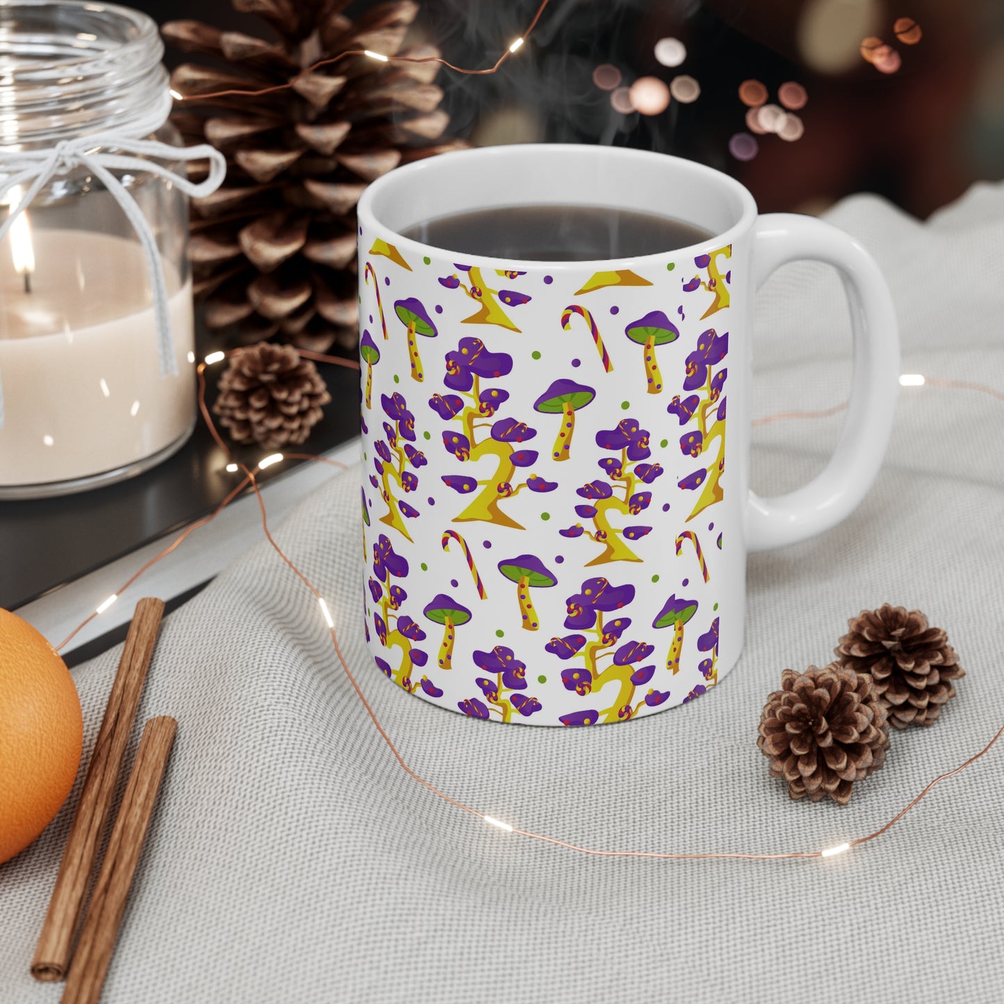 Enchanting Magic Mushrooms: White Ceramic Mug with Purple and Green Mushrooms"