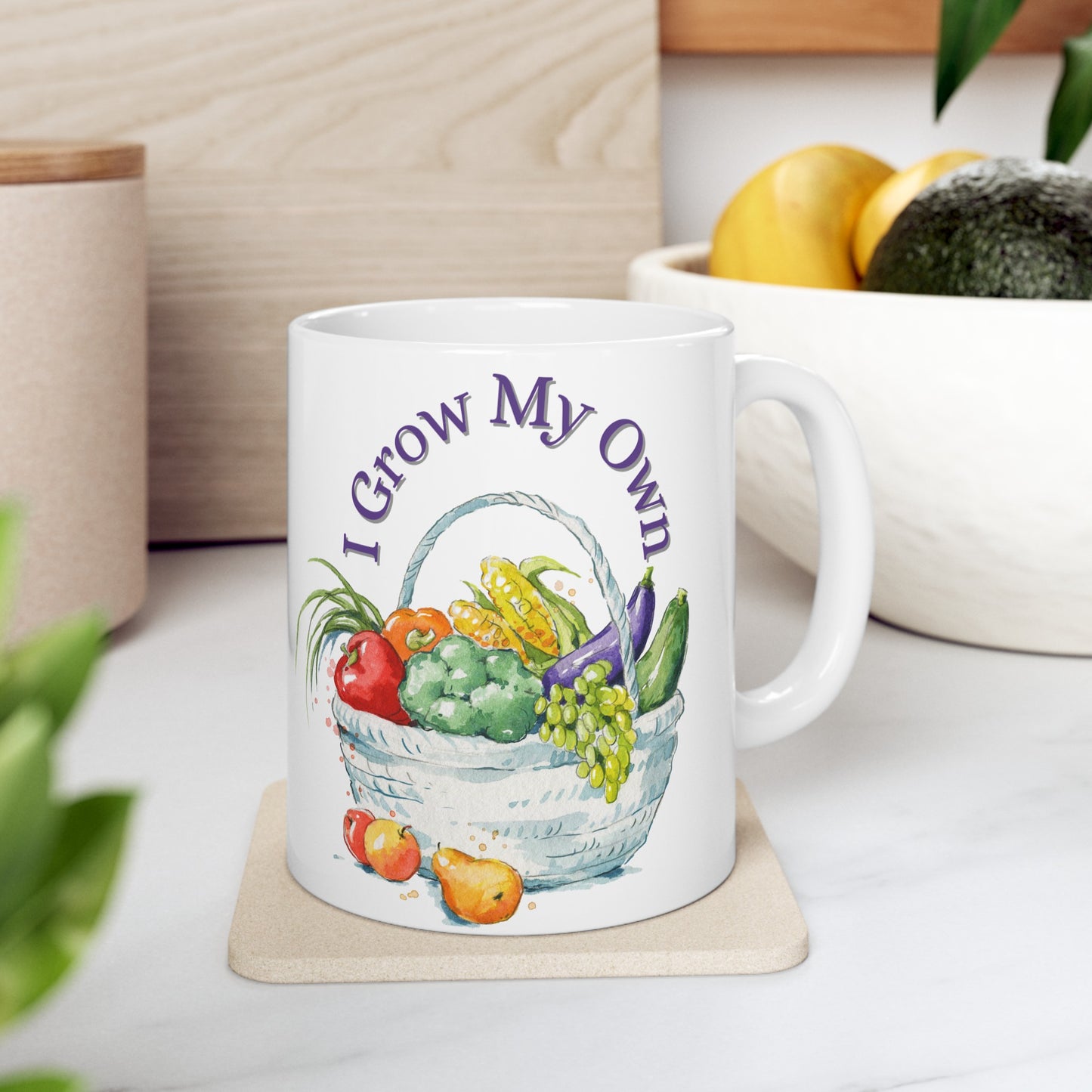 👩‍🌾 "I Grow My Own" Ceramic Mug 11 oz - Fresh Vegetables Basket Design