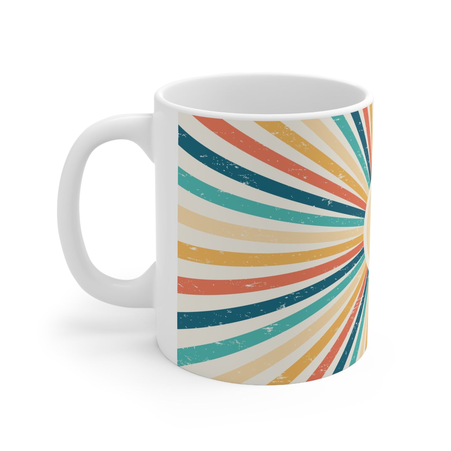 Retro Radiance Burst: Rainbow Sunburst Ceramic Mug