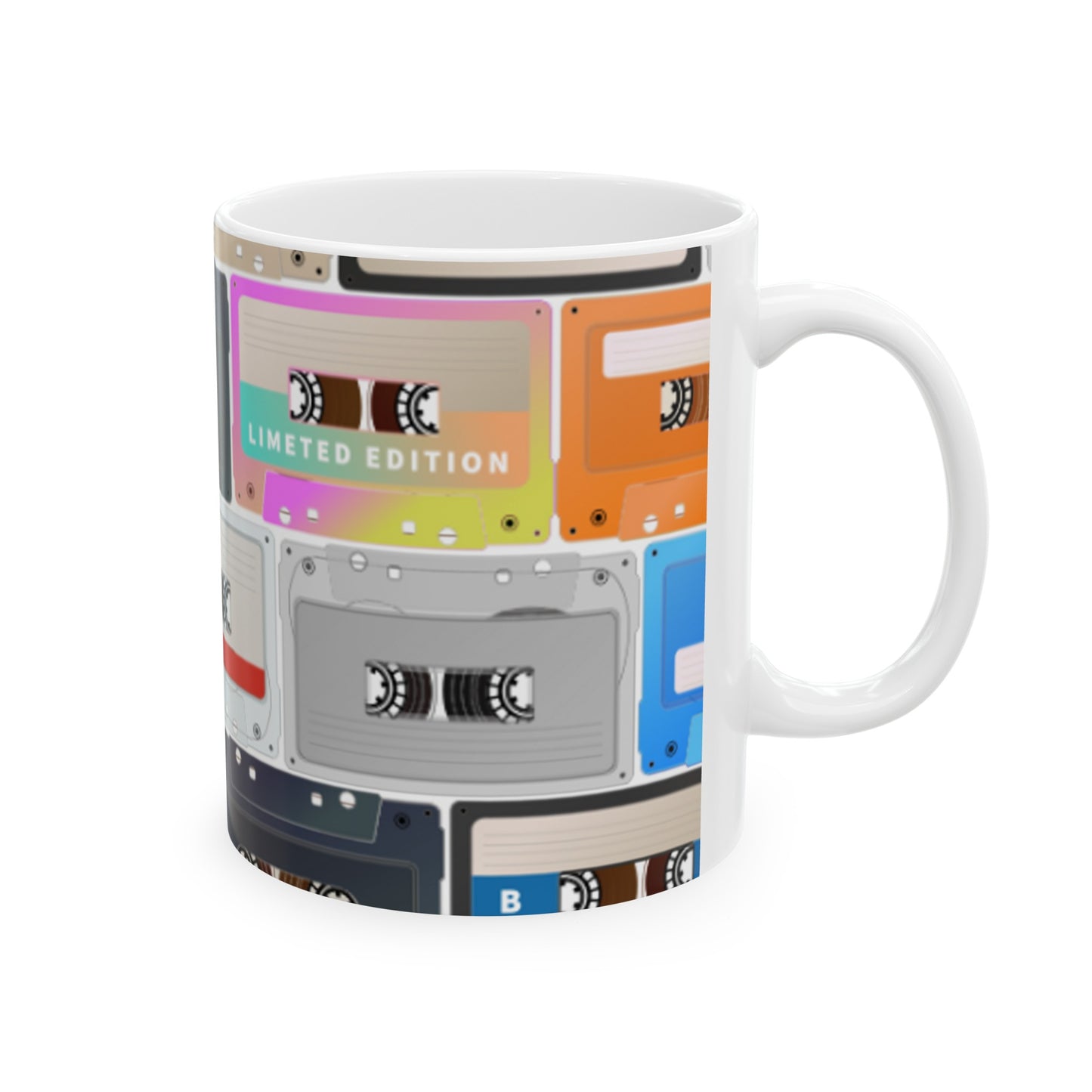 Retro Vibes Ceramic Mug 11oz - Multicolored Cassette Tapes Design