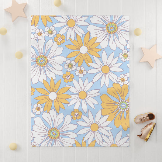 🍼 Retro Yellow and White Daisy Soft Fleece Baby Blanket 30" × 40" - Light Blue