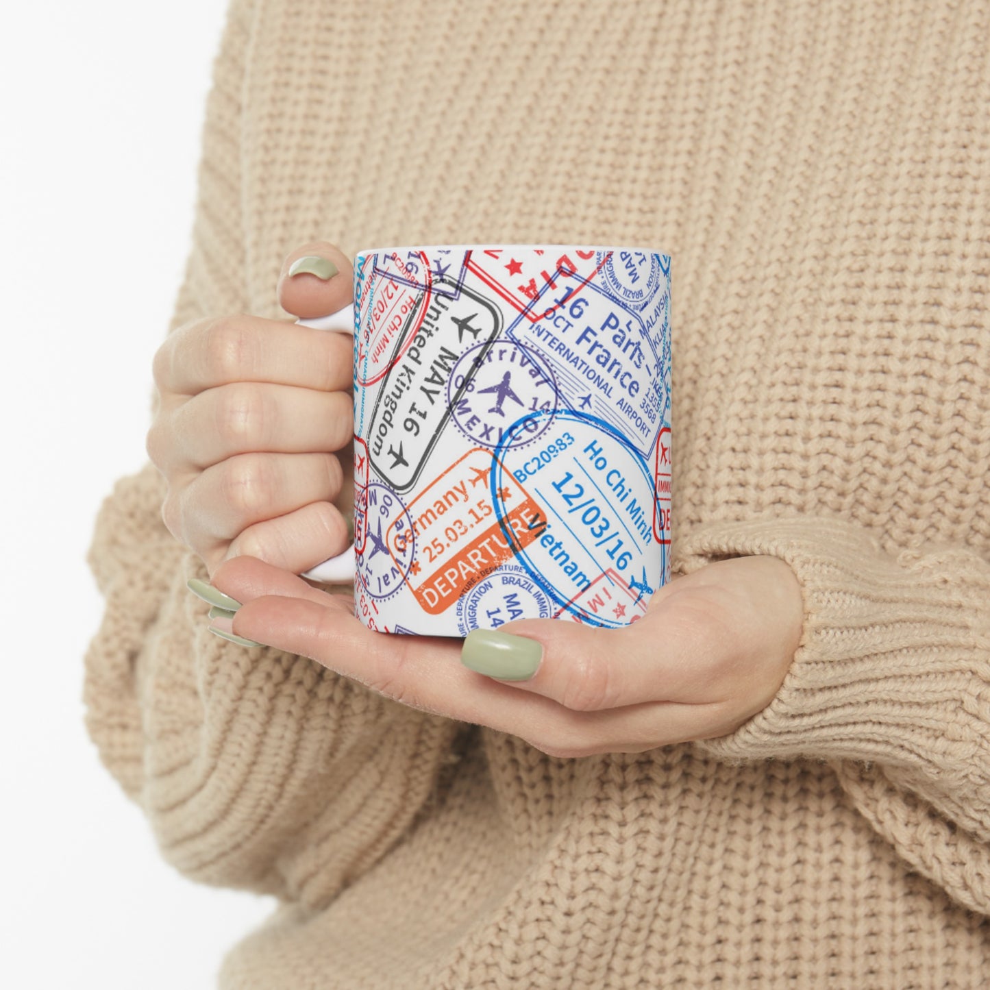 Vibrant Passport Stamp Ceramic Mug, 11oz