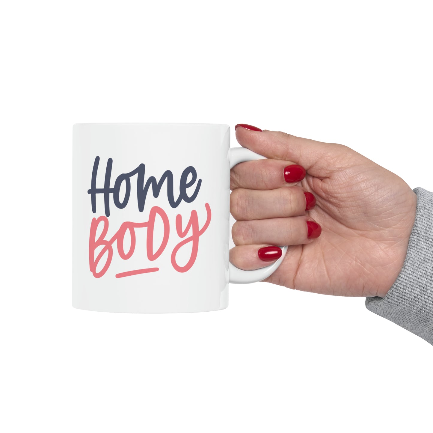 "Home Body" Ceramic Mug 11 oz - Navy Blue & Coral Pink Design