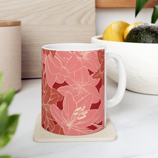 Pink and Red Floral Gold Outlined Ceramic Mug 11oz - BPA-Free