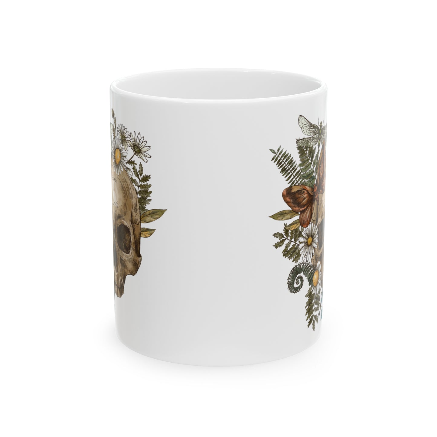 Enchanting Ceramic Mug 11oz with Butterfly, Dragonfly, and Floral Skull Design