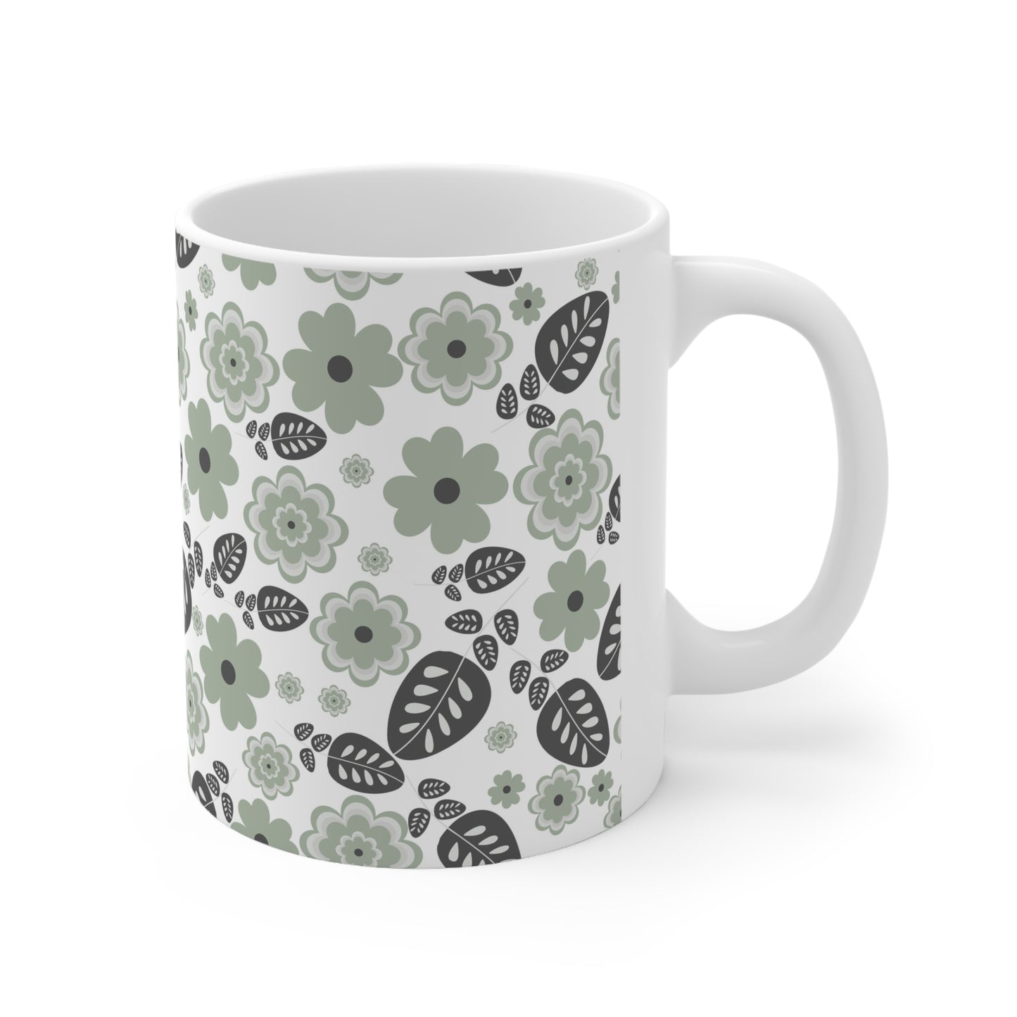 Vintage Green Blooms: White Ceramic Mug with Retro Light Green Flowers and Dark Green Leaves