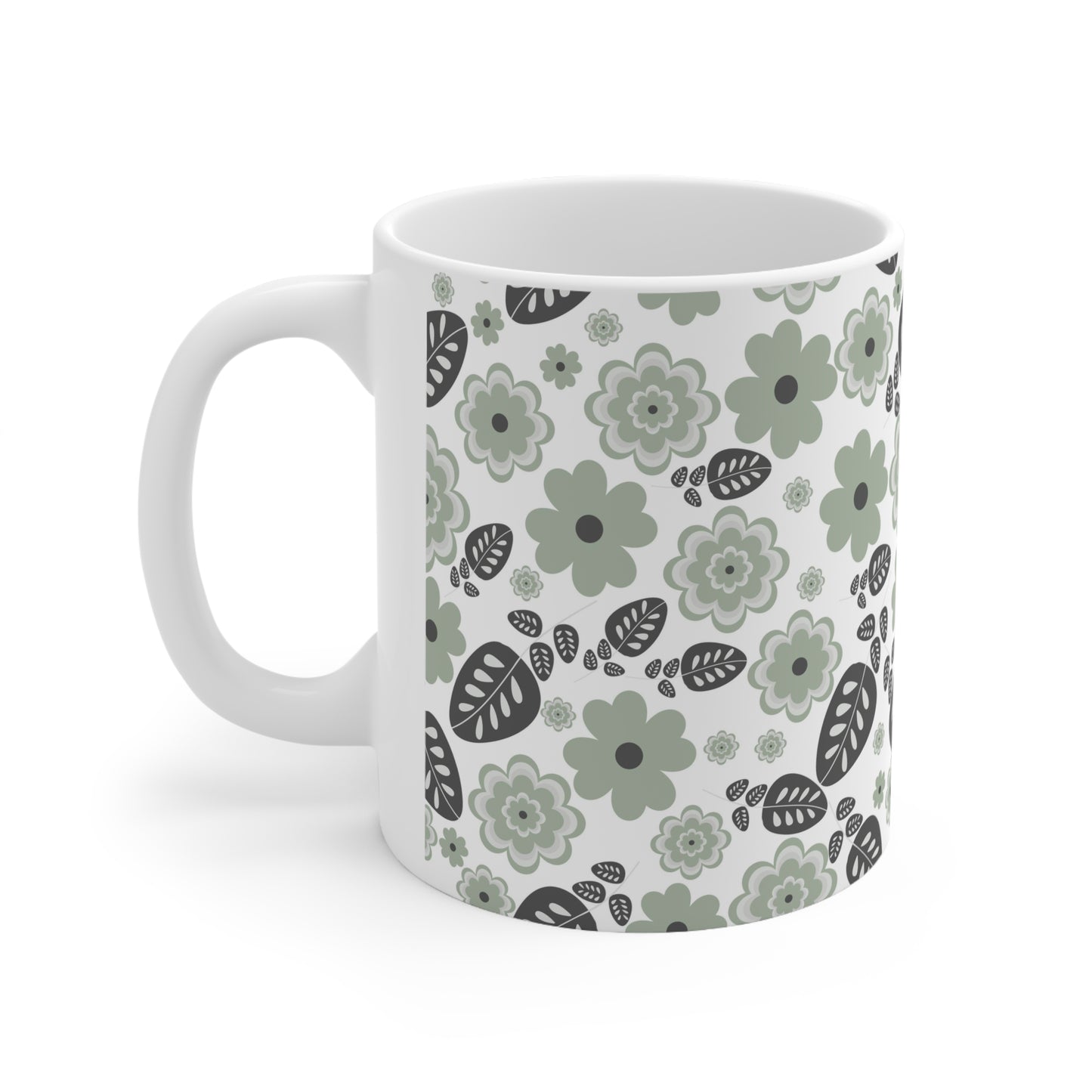 Vintage Green Blooms: White Ceramic Mug with Retro Light Green Flowers and Dark Green Leaves