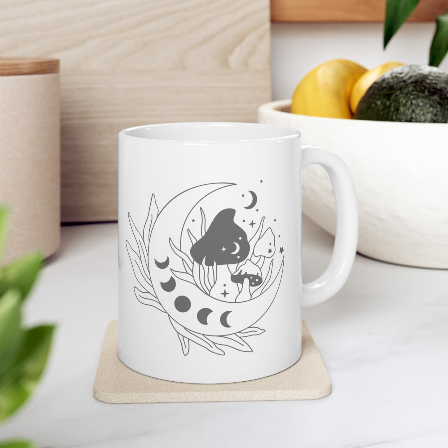 Celestial Moonlight Mushroom Ceramic Mug 11 oz - Dark Grey Sketch Design