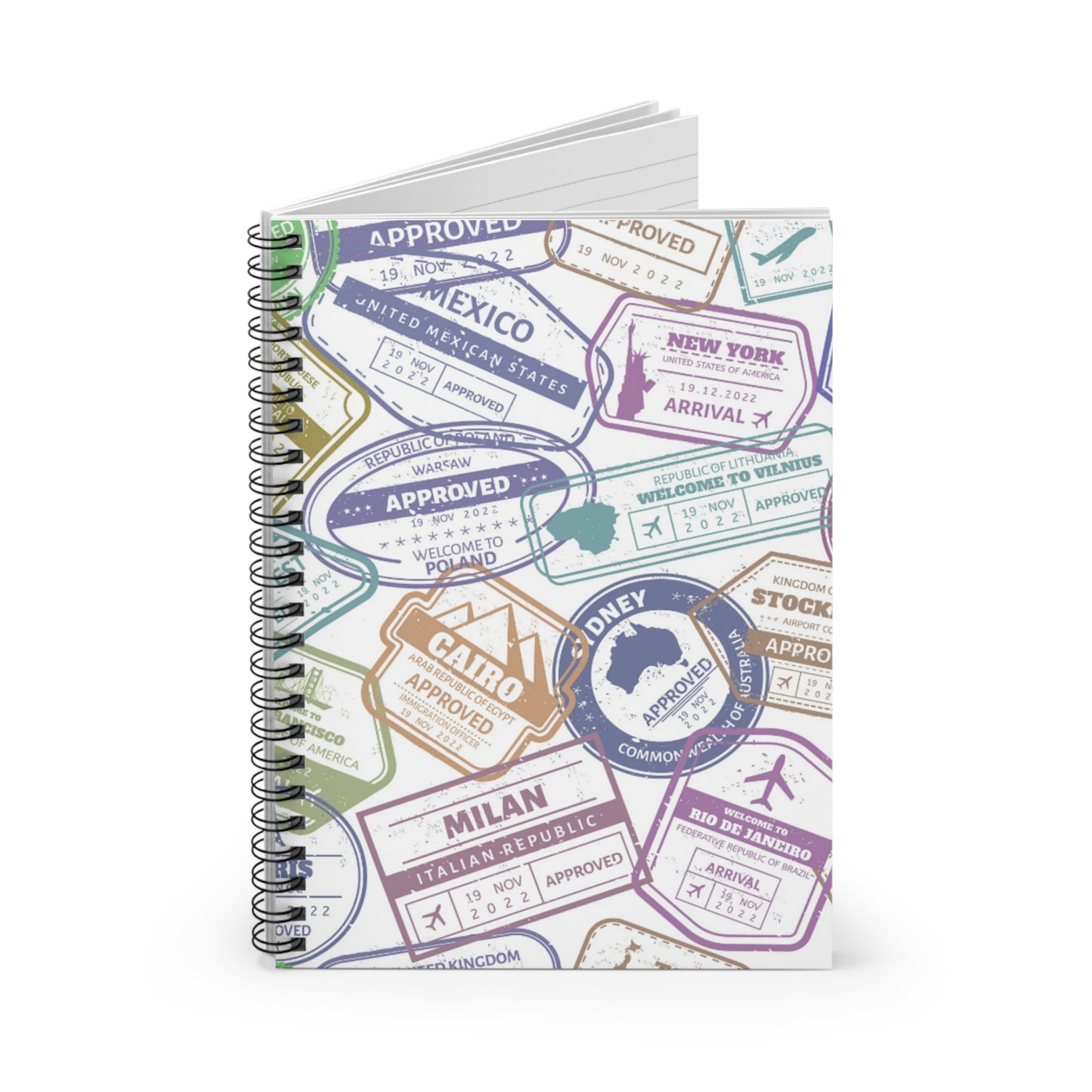 🌏 Colorful Passport Stamp Spiral Notebook - Ruled Line