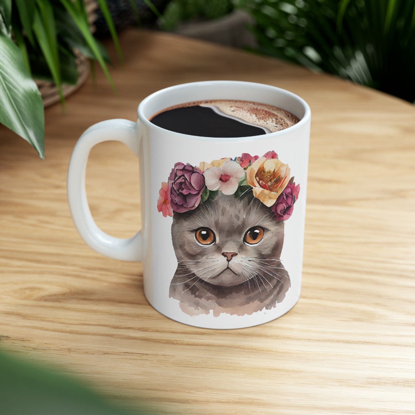 Flower Crown Grey and Brown Cat Ceramic Mug 11 oz - Perfect Gift for Cat Lovers