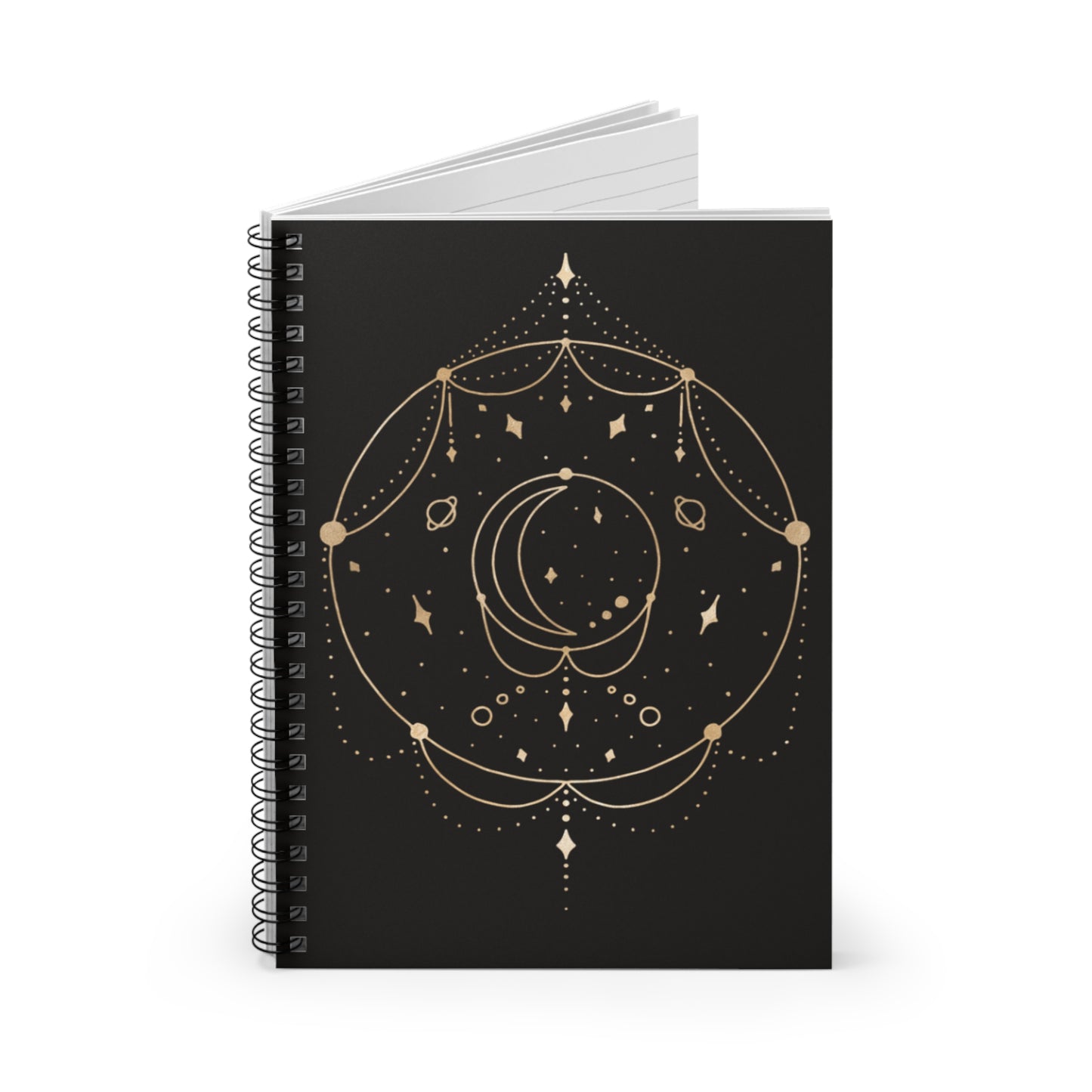 ✨ "Black Celestial Elegant" Spiral Notebook-Ruled Line - Moon and Stars Design