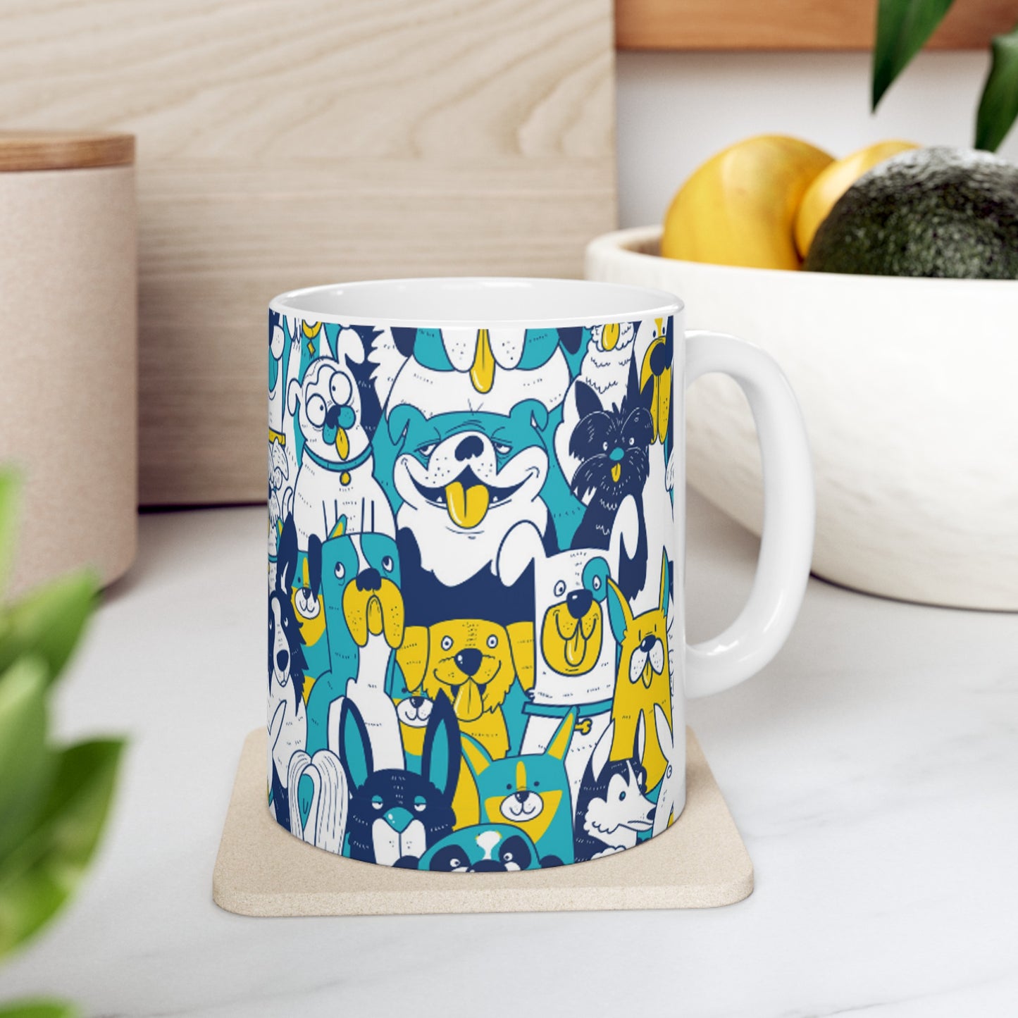 🐶 Pawsome Pals in Blue & Yellow Ceramic Mug 11oz - Cheerful Canine Companions