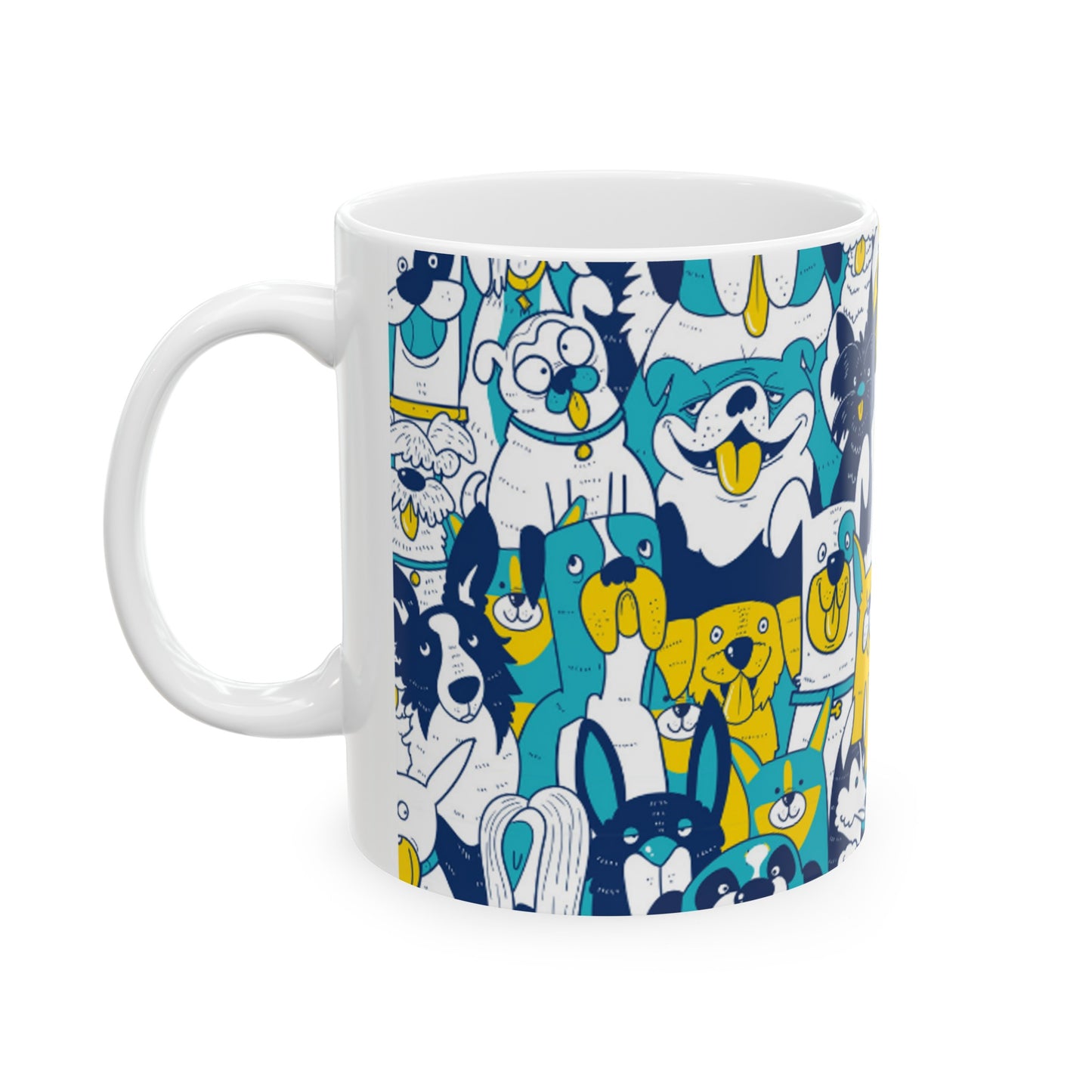 🐶 Pawsome Pals in Blue & Yellow Ceramic Mug 11oz - Cheerful Canine Companions