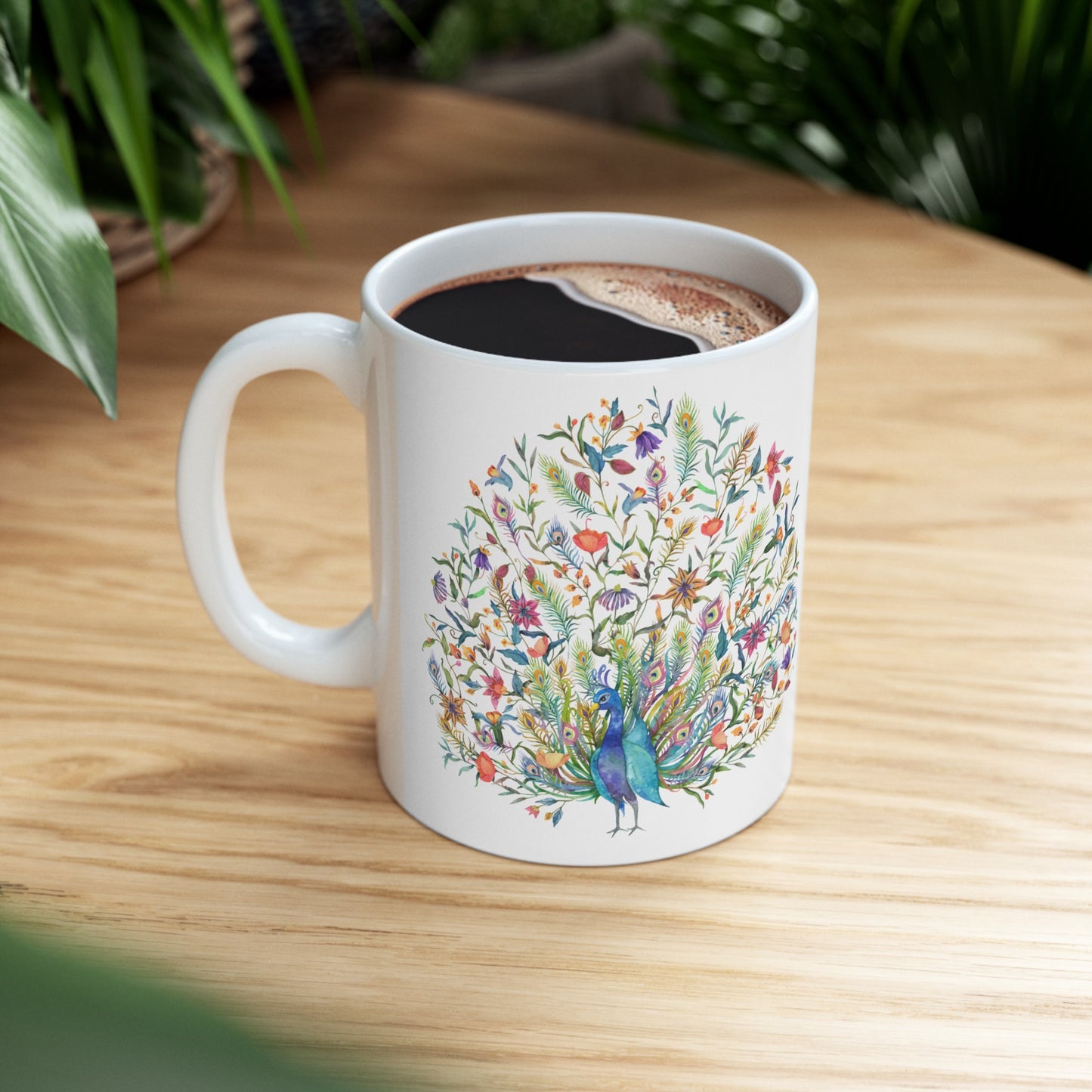 🦚 "Floral Peacock Dreams" Ceramic Mug 11 oz - Colorful Peacock Coffee Mug