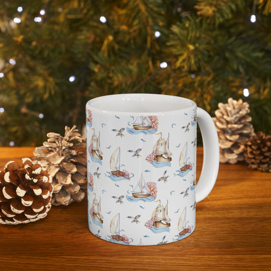 Coastal Serenity: White Ceramic Mug with Sailboats and Seagulls