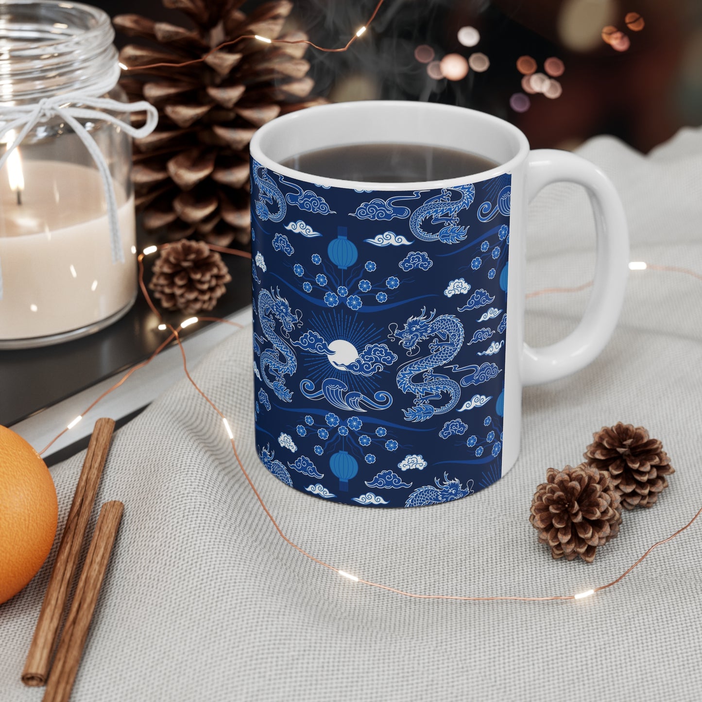 Dragon Dreamscape: Blue Ceramic Mug with Dragons and Lanterns