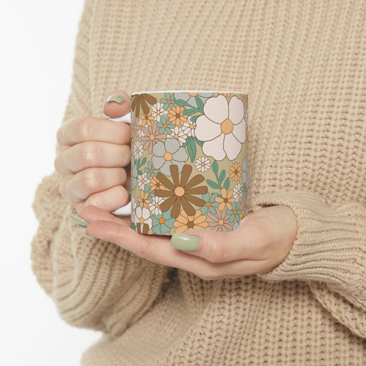 Retro Floral Ceramic Mug 11oz - Beige, Blue, Orange, White, Pink Flowers