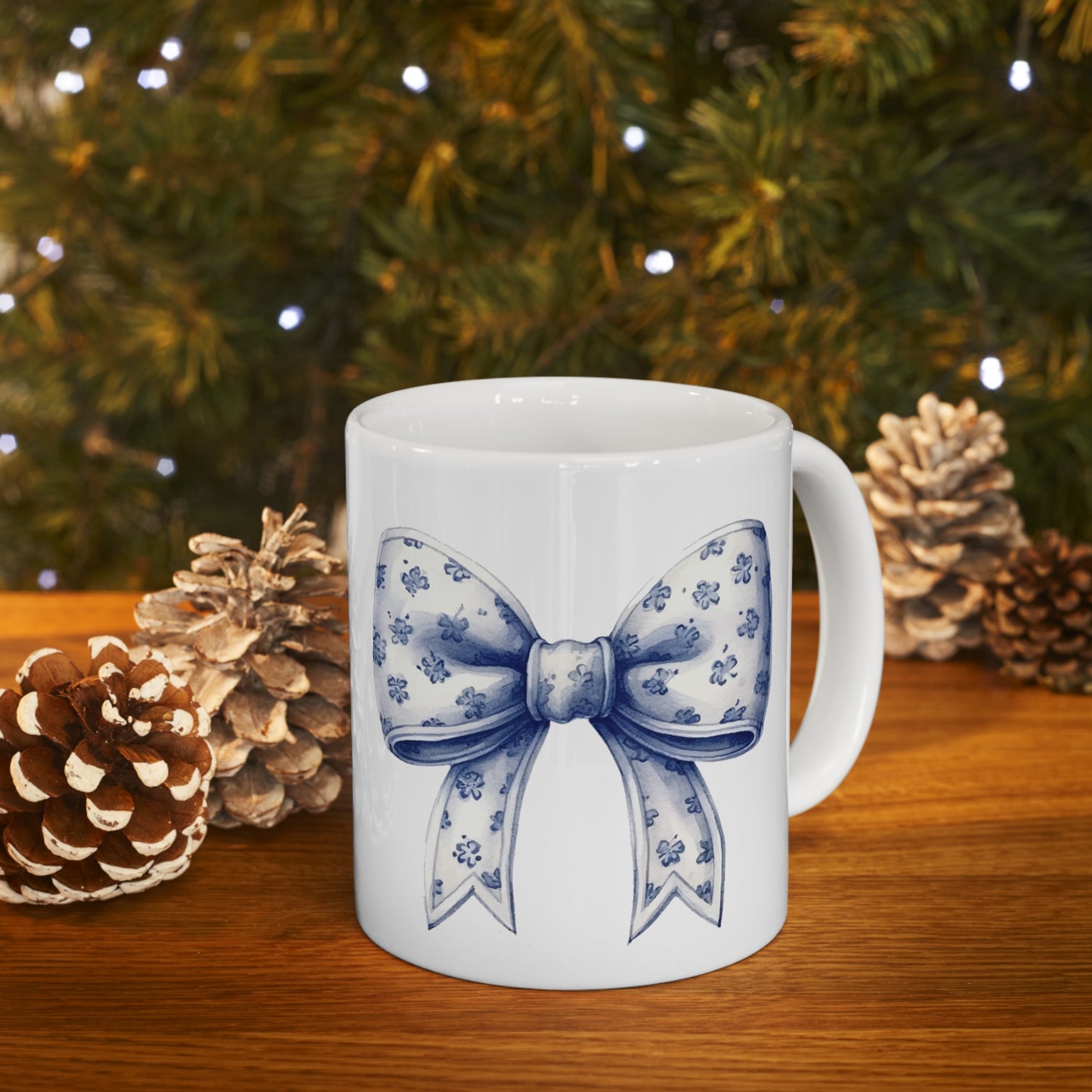 💙 Coquette White and Blue Floral Bow Ceramic Mug, 11oz