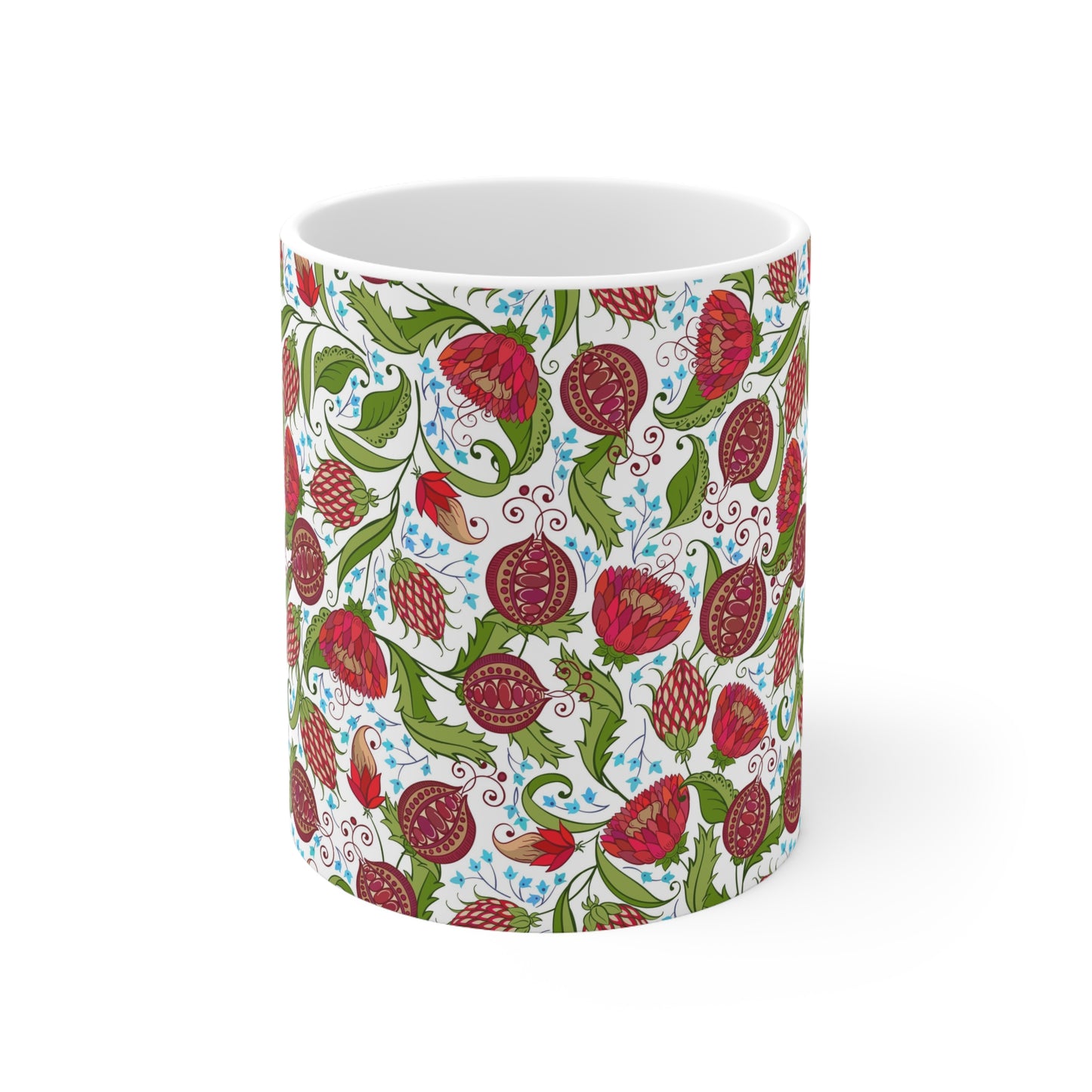 Floral Harvest Elegance: White Ceramic Mug with Red Flowers and Fruit