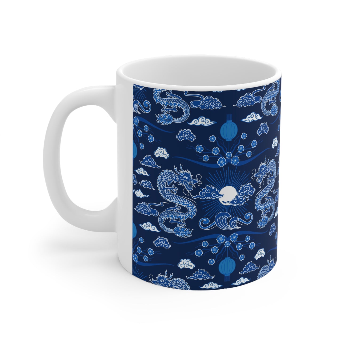 Dragon Dreamscape: Blue Ceramic Mug with Dragons and Lanterns