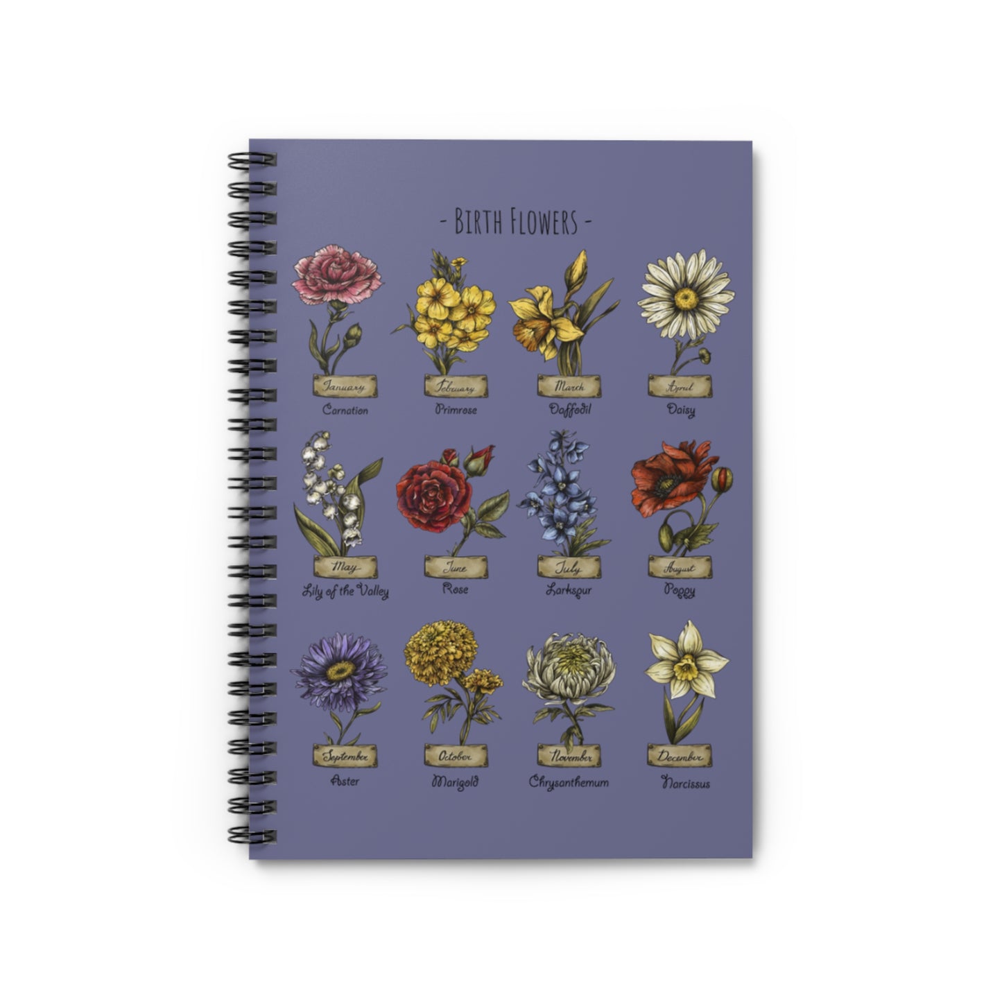 Blue Purple Birth Flower Spiral Notebook - Ruled Line, 118 Pages, 6" x 8"