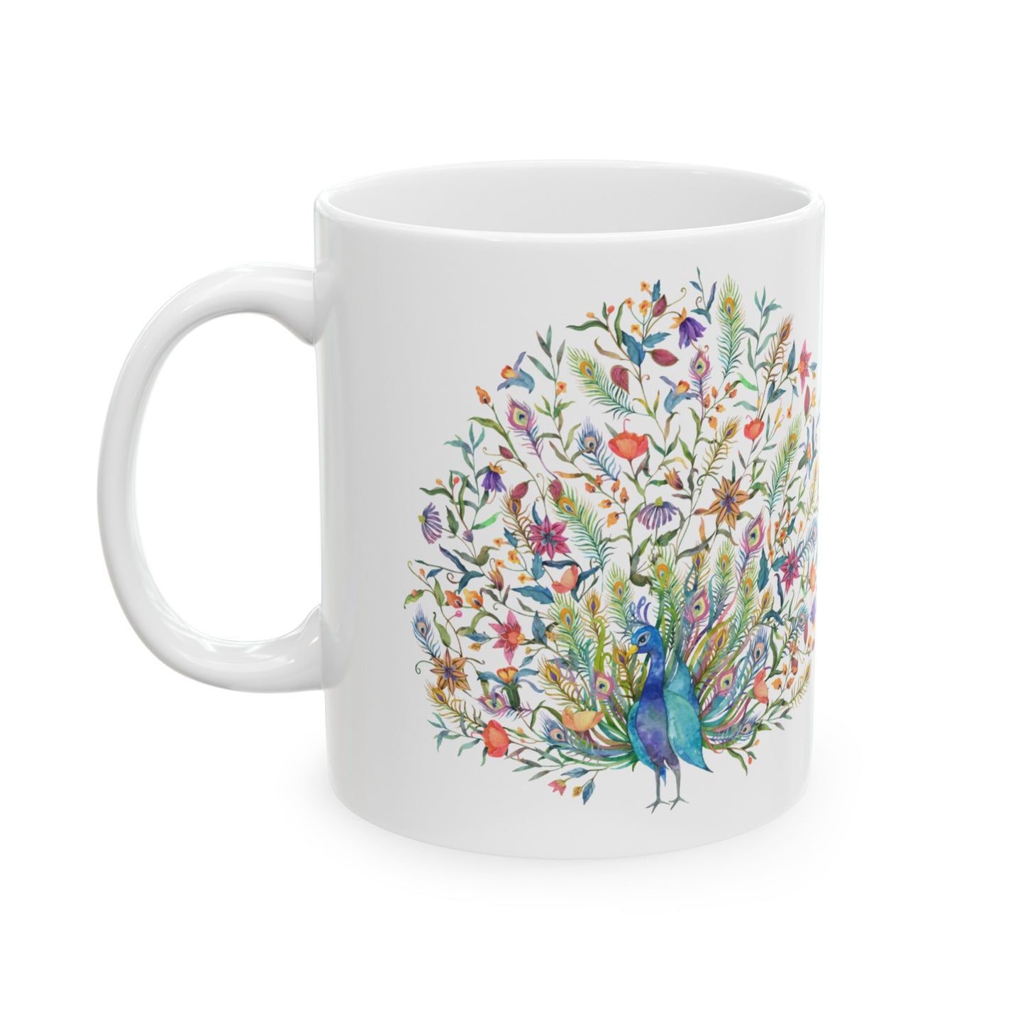 🦚 "Floral Peacock Dreams" Ceramic Mug 11 oz - Colorful Peacock Coffee Mug