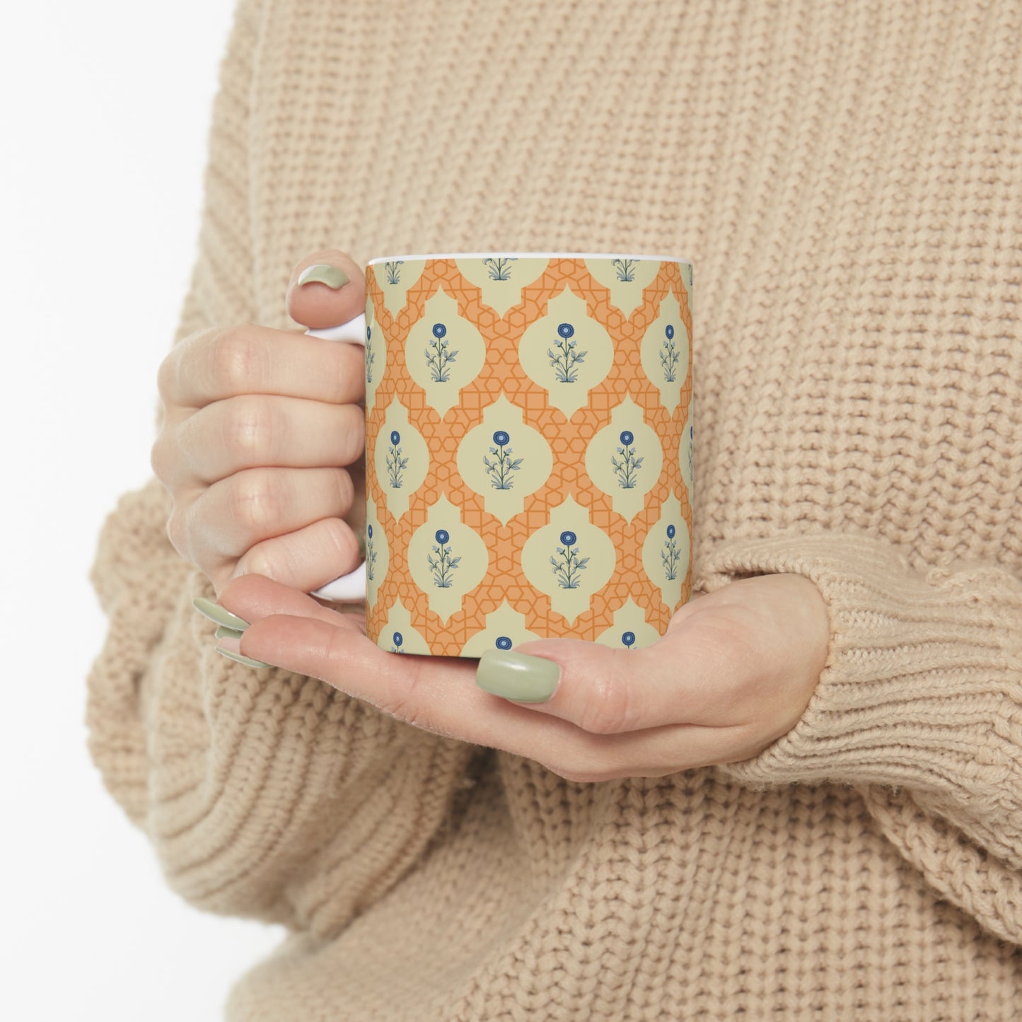 Retro Bloom Blaze: Orange Background Mug with Blue FlowerS