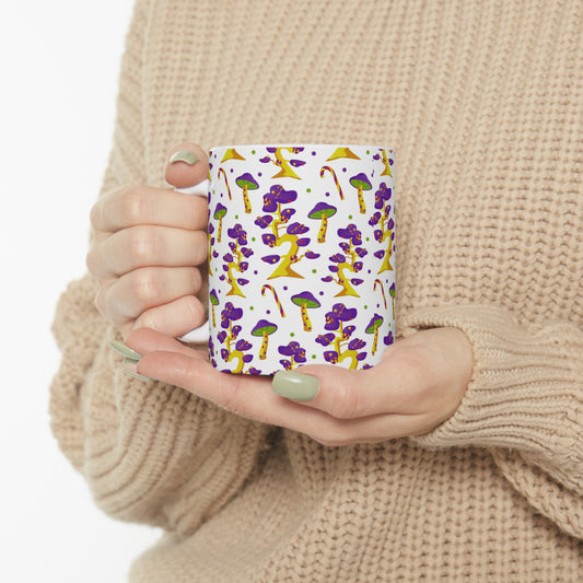 Enchanting Magic Mushrooms: White Ceramic Mug with Purple and Green Mushrooms"