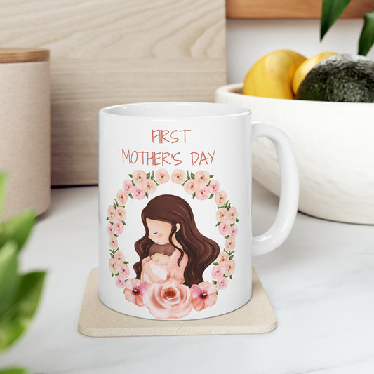 "First Mother's Day" Pink Floral Wreath Ceramic Mug 11oz - New Mom Gift