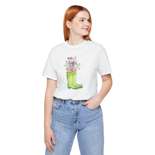 Springtime Rainboots and Flowers Unisex Jersey Short Sleeve Tee