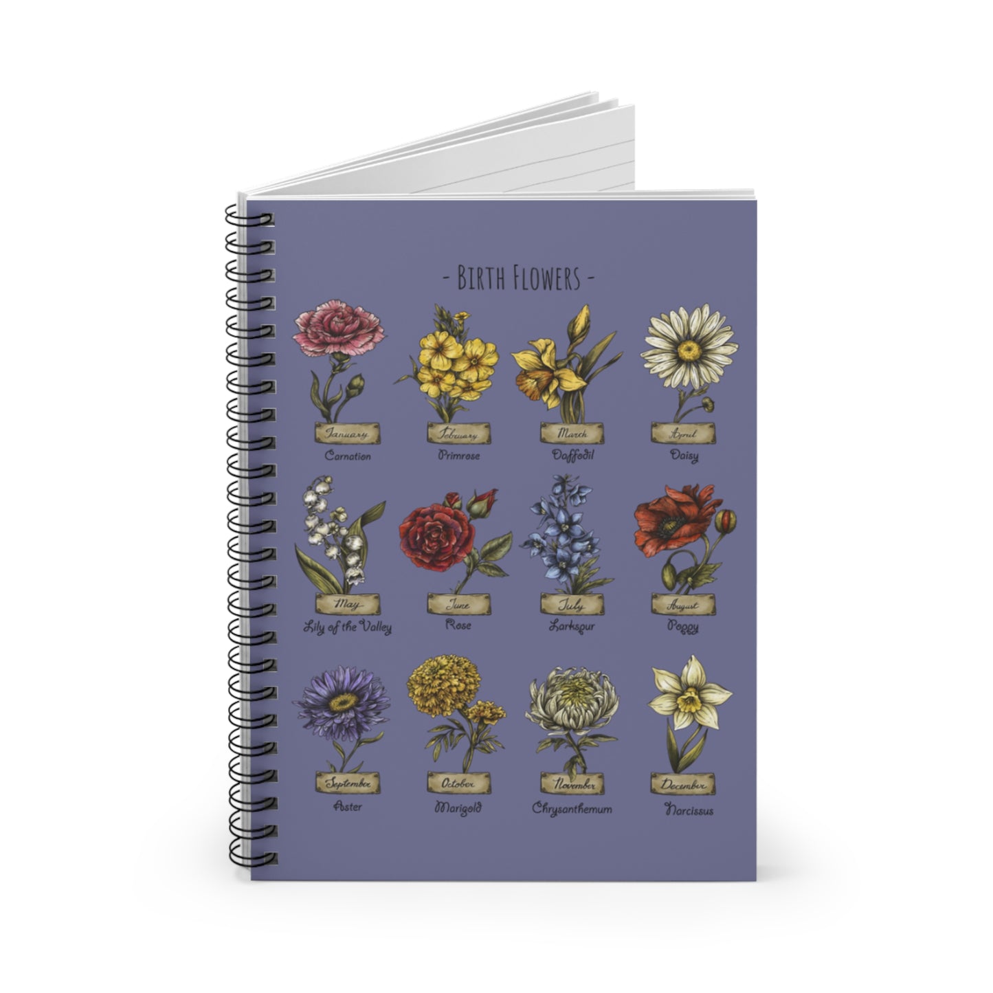 Blue Purple Birth Flower Spiral Notebook - Ruled Line, 118 Pages, 6" x 8"