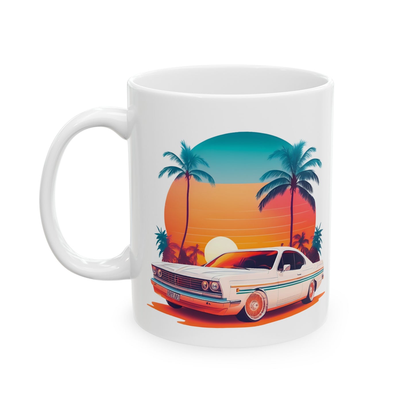 Vintage Sports Car and Palm Tree Ceramic Mug 11oz | Retro Design