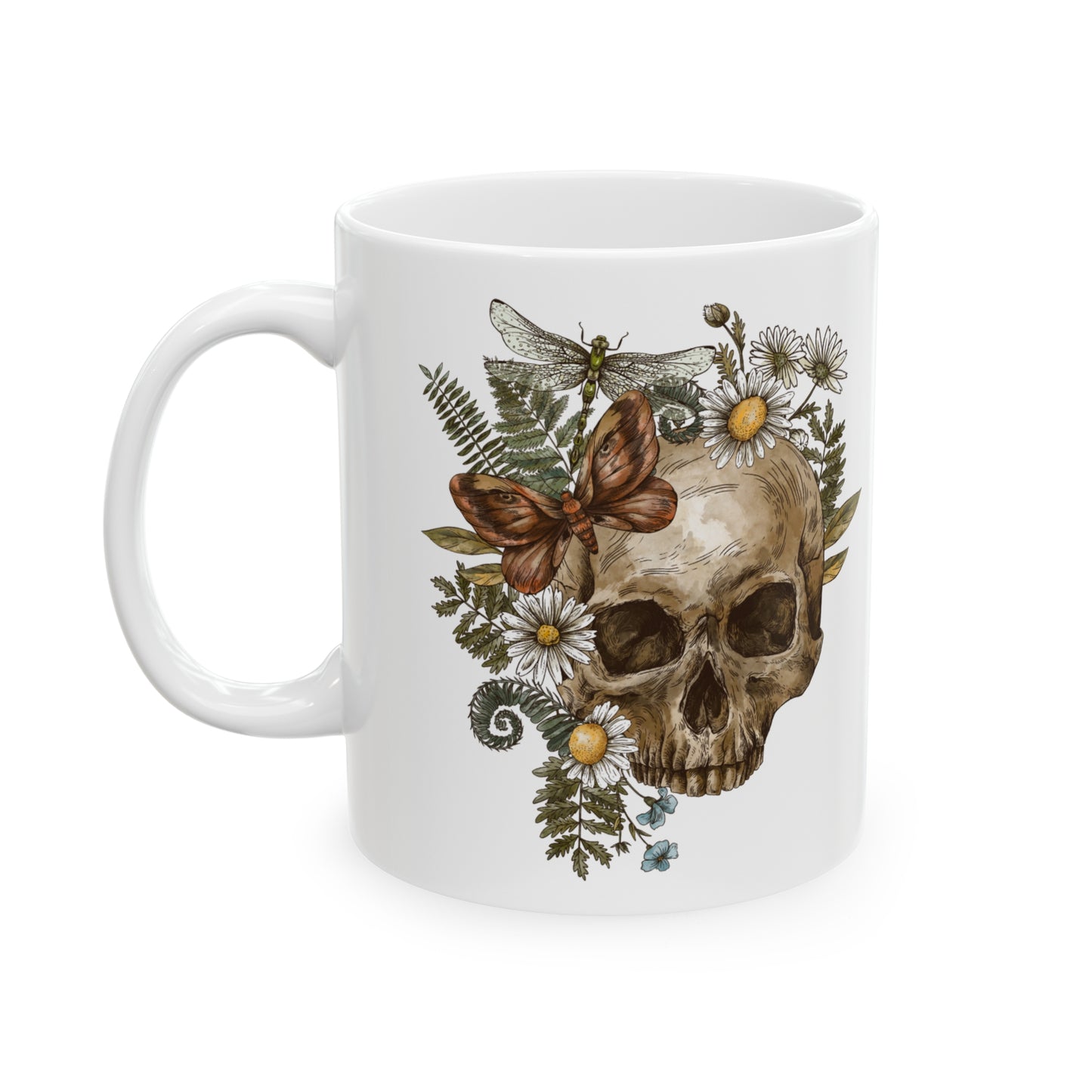 Enchanting Ceramic Mug 11oz with Butterfly, Dragonfly, and Floral Skull Design