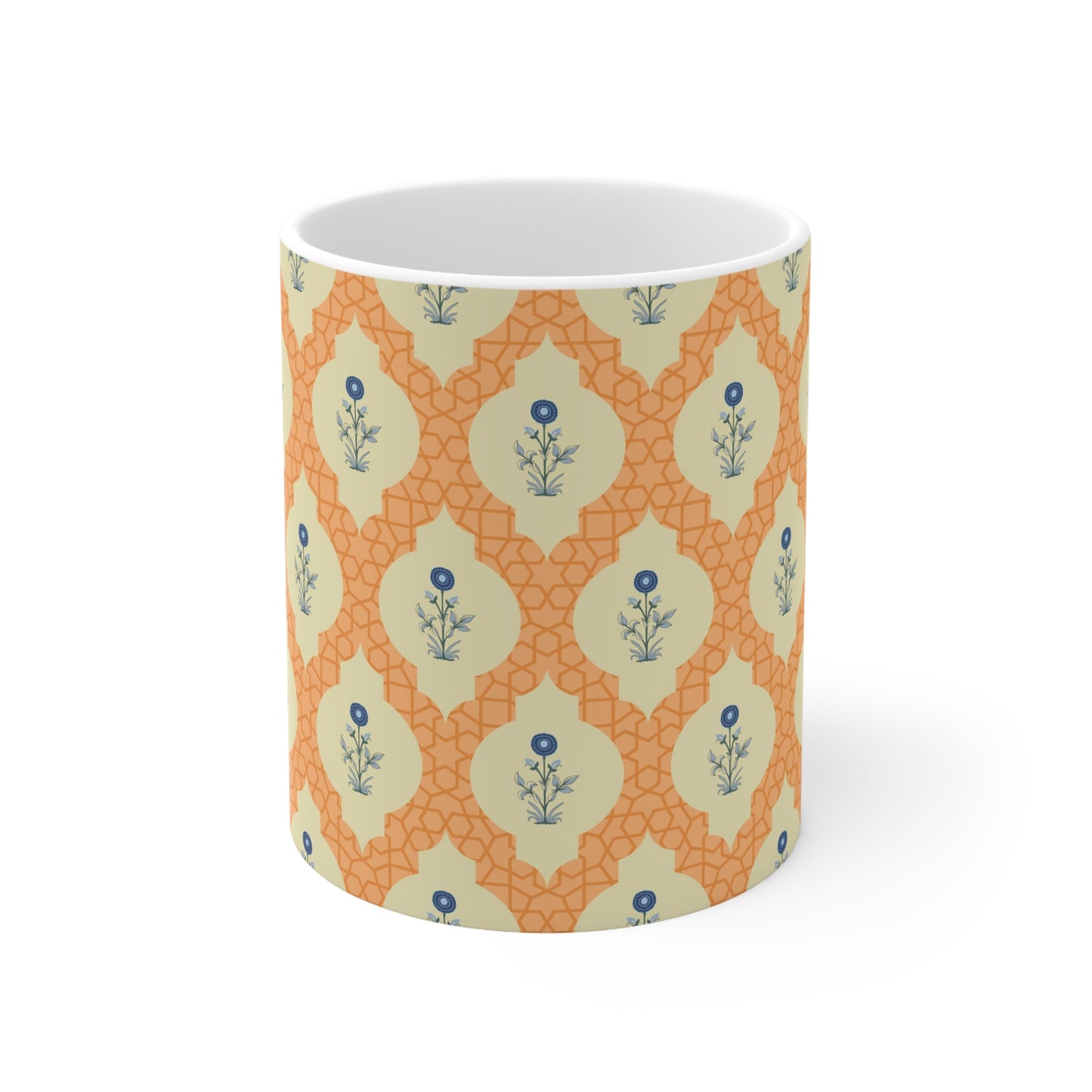 Retro Bloom Blaze: Orange Background Mug with Blue FlowerS