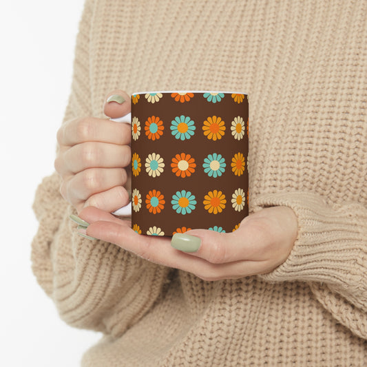 Vintage Earth Tones: Brown Ceramic Mug with Orange, Yellow, and Teal Pattern