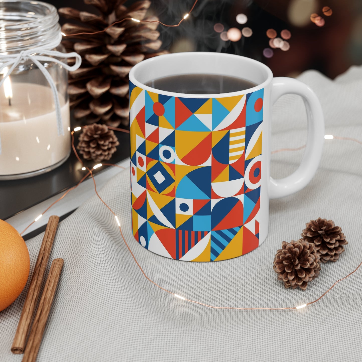 Kaleidoscopic Fusion: Multi Colored Geometric Pattern Ceramic Mug