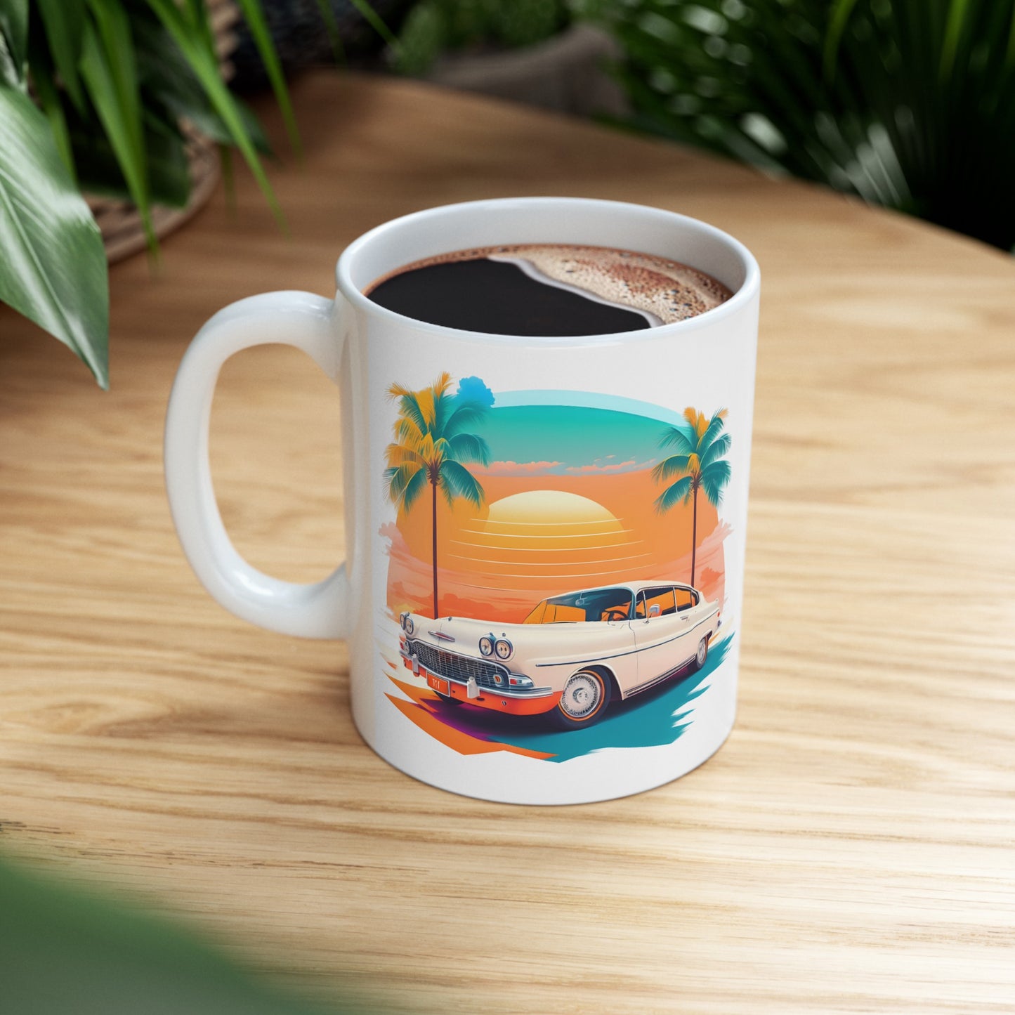 Vintage Classic Car and Sunset Ceramic Mug 11oz