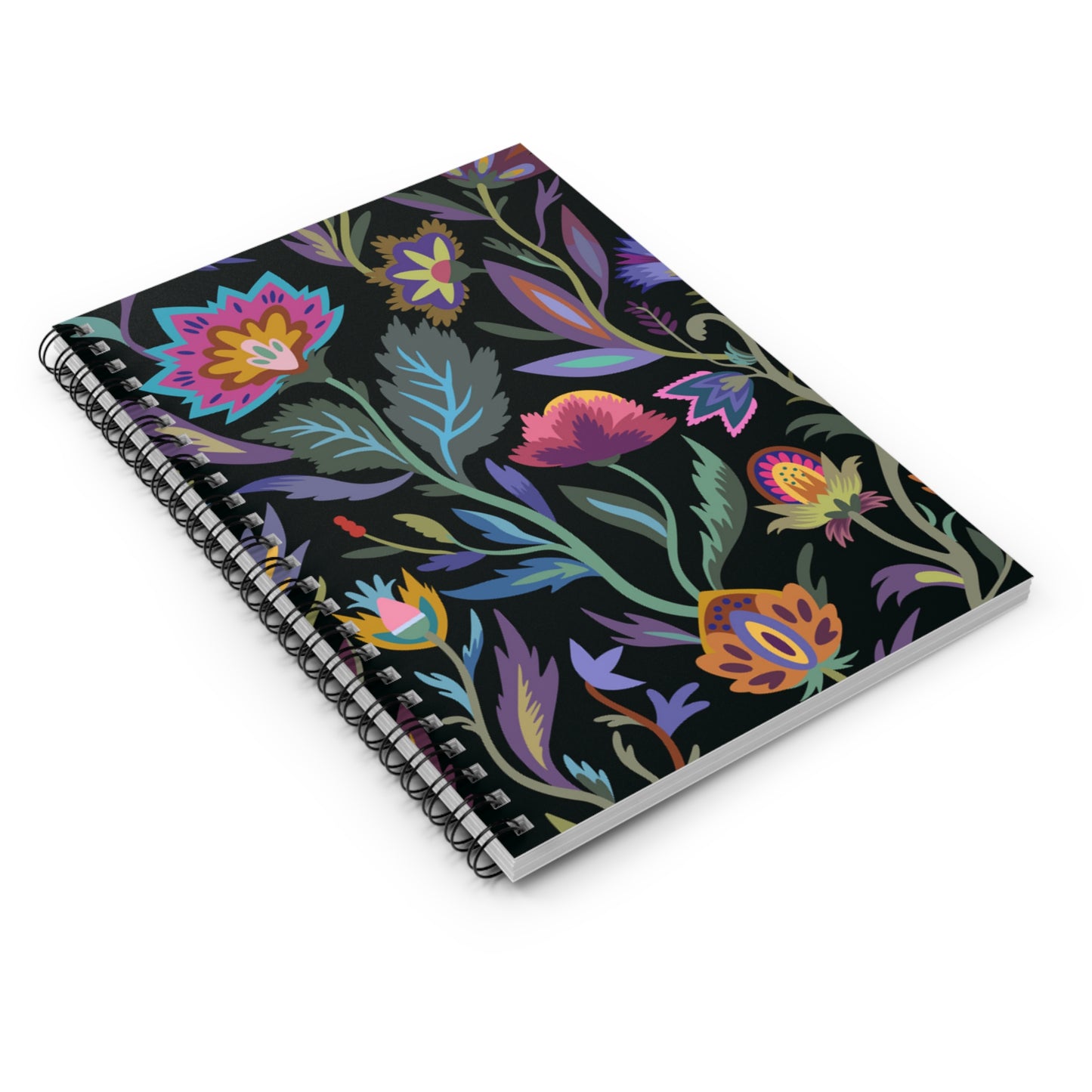 Bright Floral Black Spiral Notebook - Ruled Line