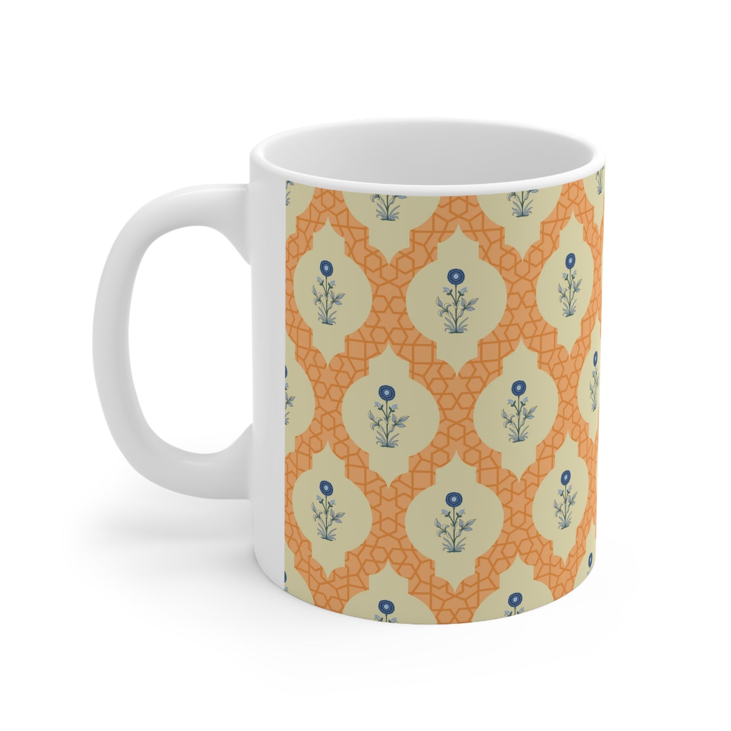 Retro Bloom Blaze: Orange Background Mug with Blue FlowerS