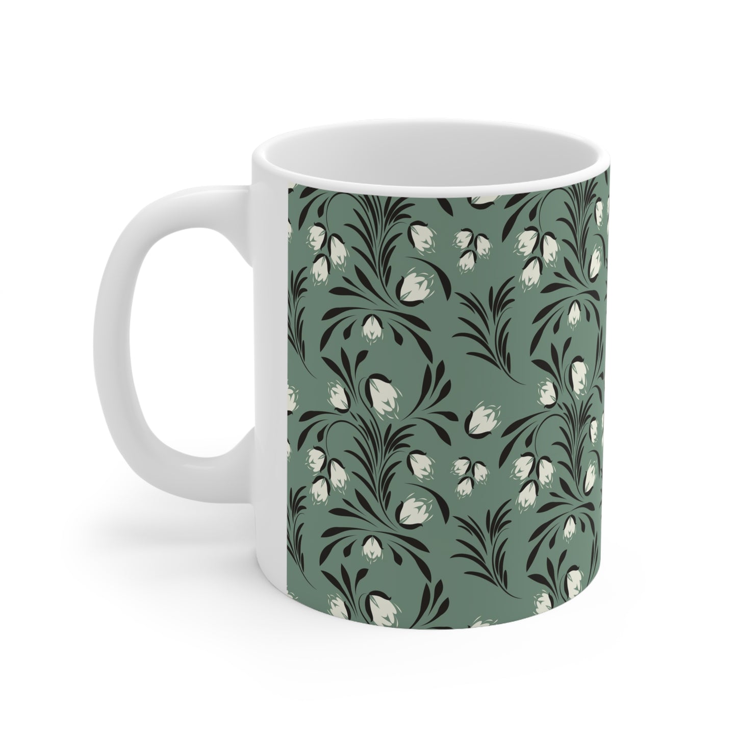 Pastel Botanical Serenity: Green Ceramic Mug with Black and White Leaves and Flowers