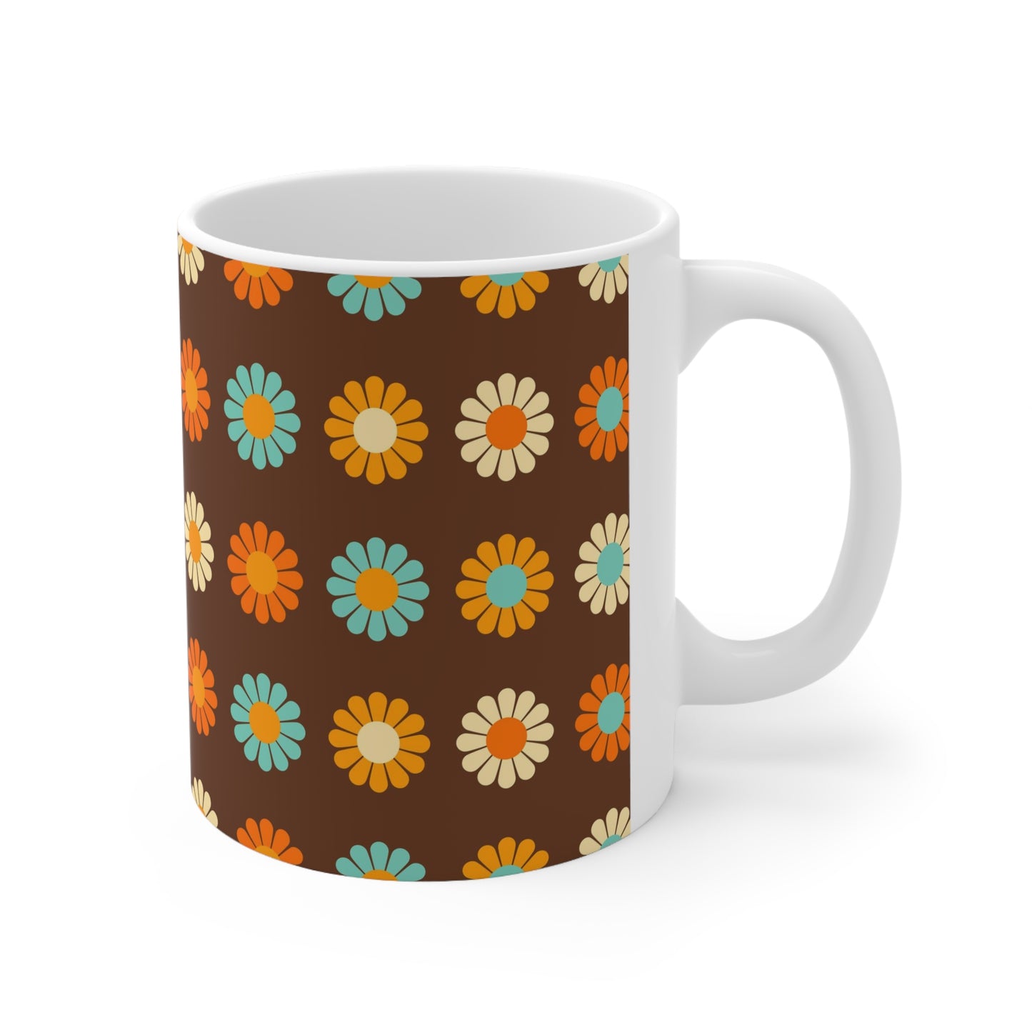 Vintage Earth Tones: Brown Ceramic Mug with Orange, Yellow, and Teal Pattern