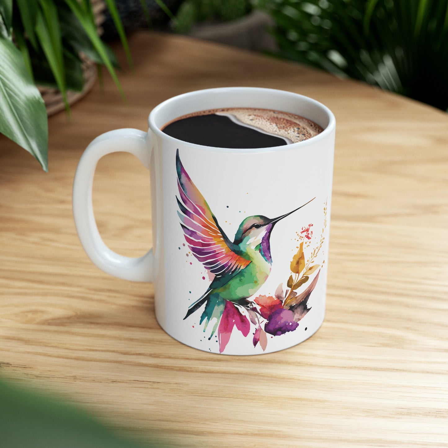 Colorful Hummingbird and Flower Ceramic Mug 11 oz - Perfect for Nature Lovers