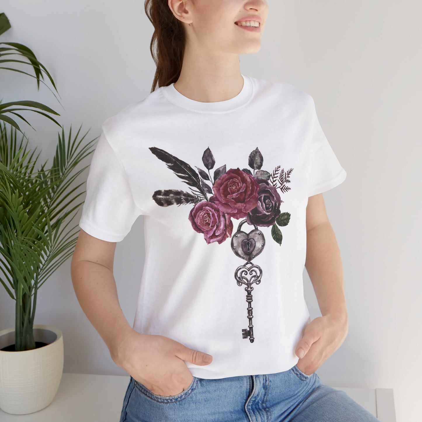 🗝️🌹Romantic Rose and Key Unisex Jersey Short Sleeve Tee