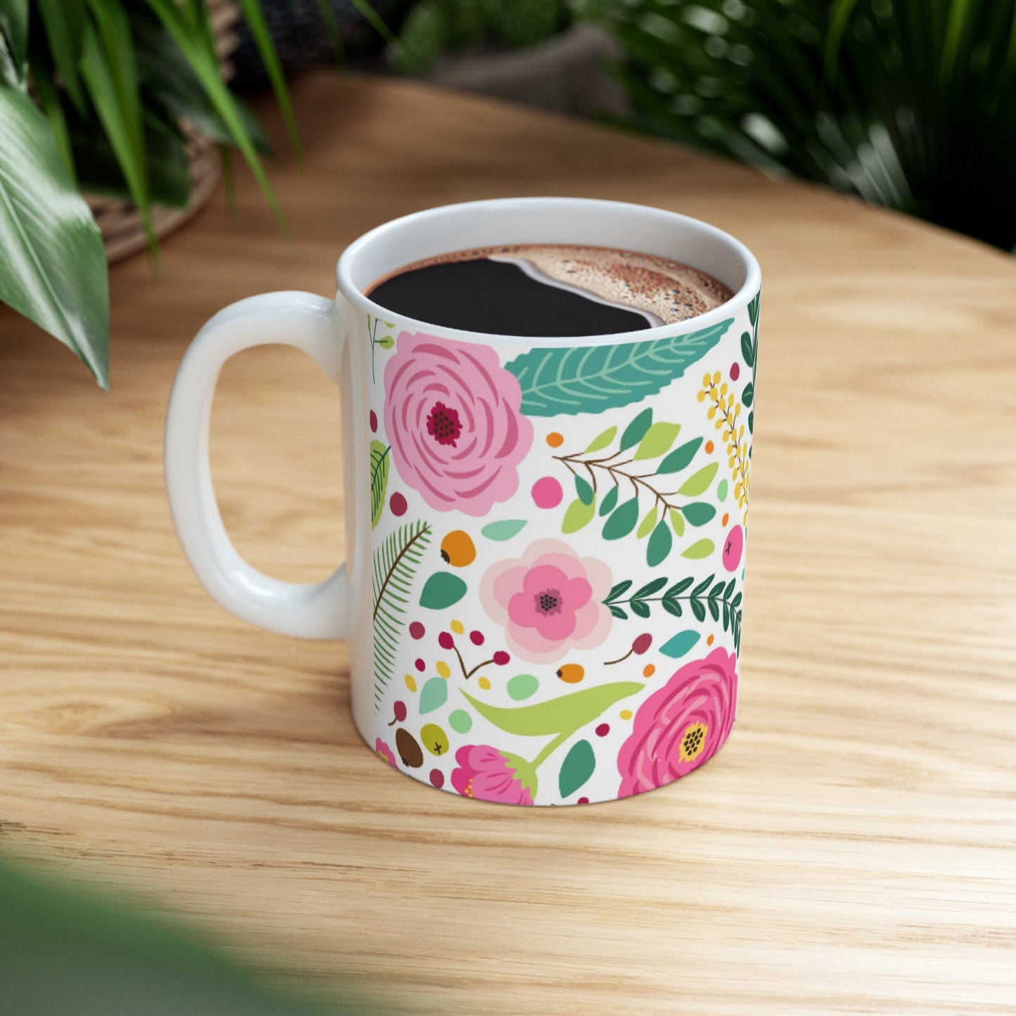 Bright Pink and Yellow Floral Ceramic Mug 11oz - Spring Design | BPA-Free