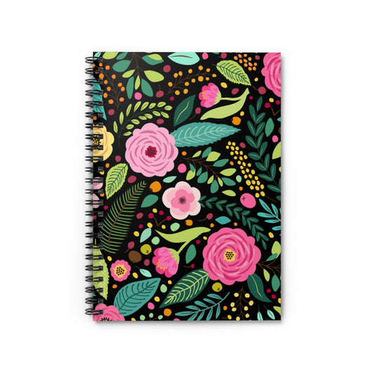 Colorful Floral Black Spiral Notebook Ruled Line 6" x 8" - 118 Pages