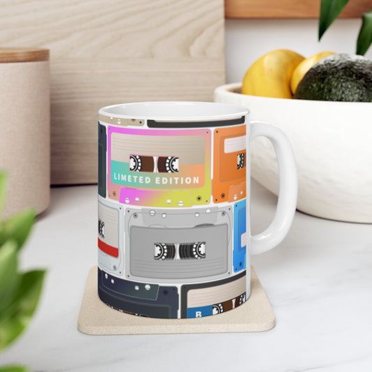 Retro Vibes Ceramic Mug 11oz - Multicolored Cassette Tapes Design