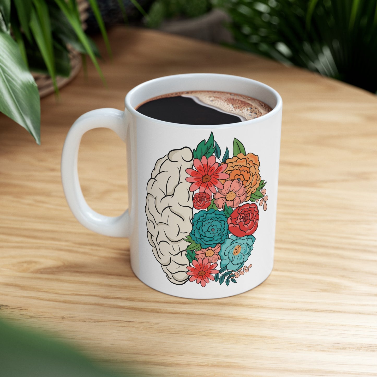 🌸 "Floral Brain" Ceramic Mug 11 oz - Colorful Flower Brain Coffee Mug Gift