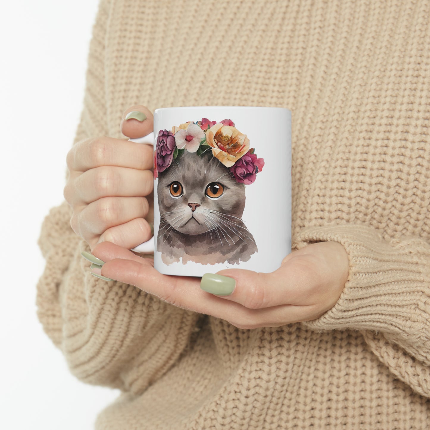 Flower Crown Grey and Brown Cat Ceramic Mug 11 oz - Perfect Gift for Cat Lovers